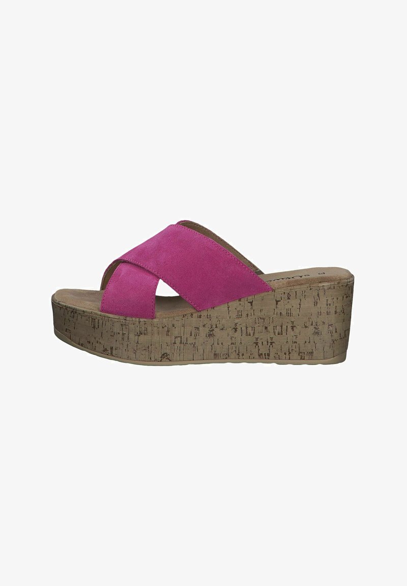 Roze suède wedge sandalen met kurken platform, met een kruislings ontwerp en een textuur van natuurlijke uitstraling op de zool.