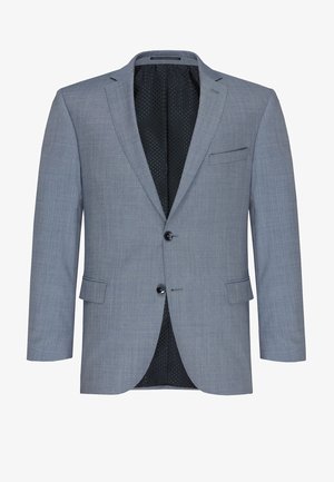 Light gray blazer with a textured fabric, notched lapels, two buttons, and a single chest pocket. Lined with black perforated material.