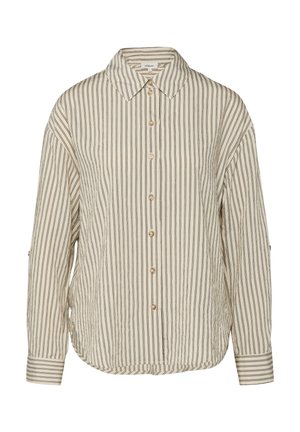 Beige overhemd met lange mouwen, verticale dunne zwarte strepen en klassieke kraag, met een licht gebogen zoom en aangesloten manchetten met knopen.