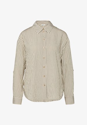 Beige overhemd met lange mouwen, verticale dunne zwarte strepen en klassieke kraag, met een licht gebogen zoom en aangesloten manchetten met knopen.