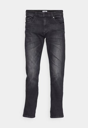 Jean en denim gris foncé avec une coupe droite. Dispose de cinq poches, d'une fermeture éclair et d'un léger décoloration au niveau des cuisses et des genoux.