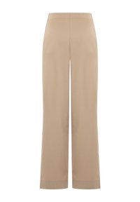 Pantalons larges beige en tissu lisse, avec une taille plate et sans fermetures visibles. Coupe nette et ajustée avec un design minimaliste.