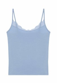 Camisola azzurra chiara con spalline sottili regolabili, bordo in pizzo lungo la scollatura e una texture di tessuto morbida e liscia. Design fitted classico.