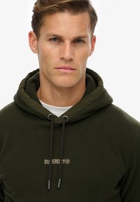 Sudadera de forro polar verde con capucha ajustable, fabricada en un tejido texturizado, y un pequeño logo bordado en dorado en el pecho.