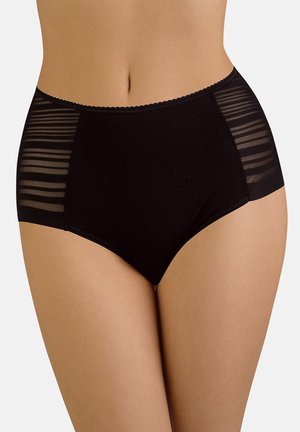 Zwart ondergoed met hoge taille, voorzien van doorzichtige gestreepte zijkanten, een zachte elastische tailleband en een gladde afwerking van het hoofdgedeelte.