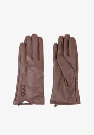 Brown leather gloves with an elegant design, featuring three decorative buttons and a zip closure at the wrist for secure fit.