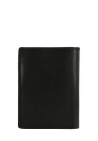 Juodas odinis piniginė su lygiu paviršiumi, stačiakampio formos, kontrastingais siūlais ir minimalistiniu dizainu be matomų logotipų ar raštų.