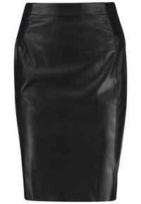 Jupe crayon en cuir noir avec une texture lisse, présentant une taille haute et des accents de panneaux latéraux pour une silhouette élégante.