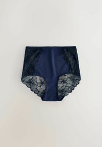 Dark blue high-waist women's underwear with floral lace detailing on the sides and leg openings, displayed flat on a light background.