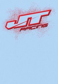 Světle modrá látka má velké červené a černé logo "JT Racing" s efektem rozstřiku v pozadí. Odvážný, ostrý design.