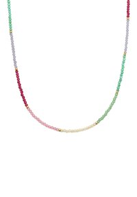 Multicolored beaded necklace featuring red, pink, green, gray, and gold accents, with faceted round beads and varying color segments.