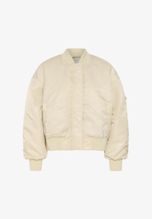 Giacca bomber corta beige con collo, polsini e orlo a costine, cerniera frontale coperta da una patta e maniche lunghe a sbuffo.