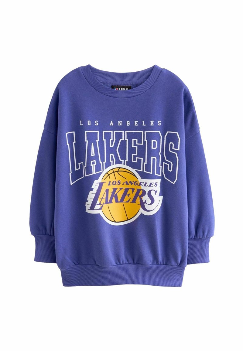 Sweat-shirt violet avec le texte "Los Angeles Lakers" et un logo de basketball imprimés sur le devant, doté de poignets et d'un ourlet côtelés.
