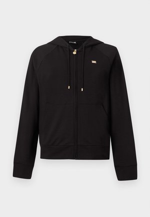 Musta vetoketjullinen huppari pehmeästä kankaasta, jossa on huppu, raglan-hihat, kullanväriset metalliosat ja etukengurutaskut.