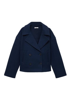 Granatowy wełniany płaszcz dwurzędowy z szerokimi klapami, dwoma przednimi kieszeniami i długimi rękawami, prezentowany na białym tle.