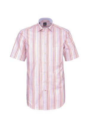 Kurzärmeliges Hemd zum Knöpfen mit vertikalen orange-, pink- und weißen Streifen und einer Brusttasche, dargestellt vor weißem Hintergrund.