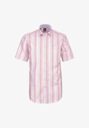 Kurzärmeliges Hemd zum Knöpfen mit vertikalen orange-, pink- und weißen Streifen und einer Brusttasche, dargestellt vor weißem Hintergrund.