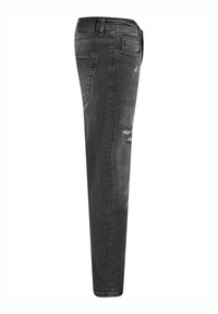 Fekete farmernadrág slim fit szabással, a combján kopott hatással, öt zsebbel és standard derékrésszel.