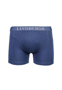Boxer in cotone blu navy con una morbida vita elastica, caratterizzata dalla scritta "LINDBERGH" in grigio chiaro, finitura liscia e lunghezza a metà coscia.