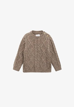Pull en laine marron avec un motif en losanges, col rond et deux boutons sur l'épaule. Manches longues texturées et coupe ample.