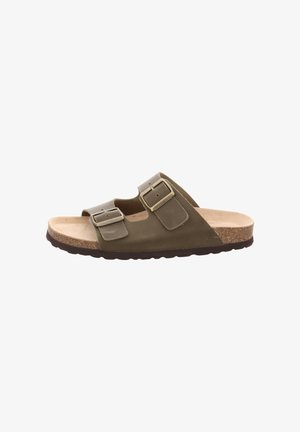 Olive green slide sandal with two adjustable buckle straps, cork footbed, and textured rubber sole. Open design for breathability.