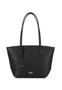 Sac fourre-tout synthétique noir avec un motif floral en relief, double anses et une plaque logo en métal. Comprend une étiquette détachable pour un détail supplémentaire.