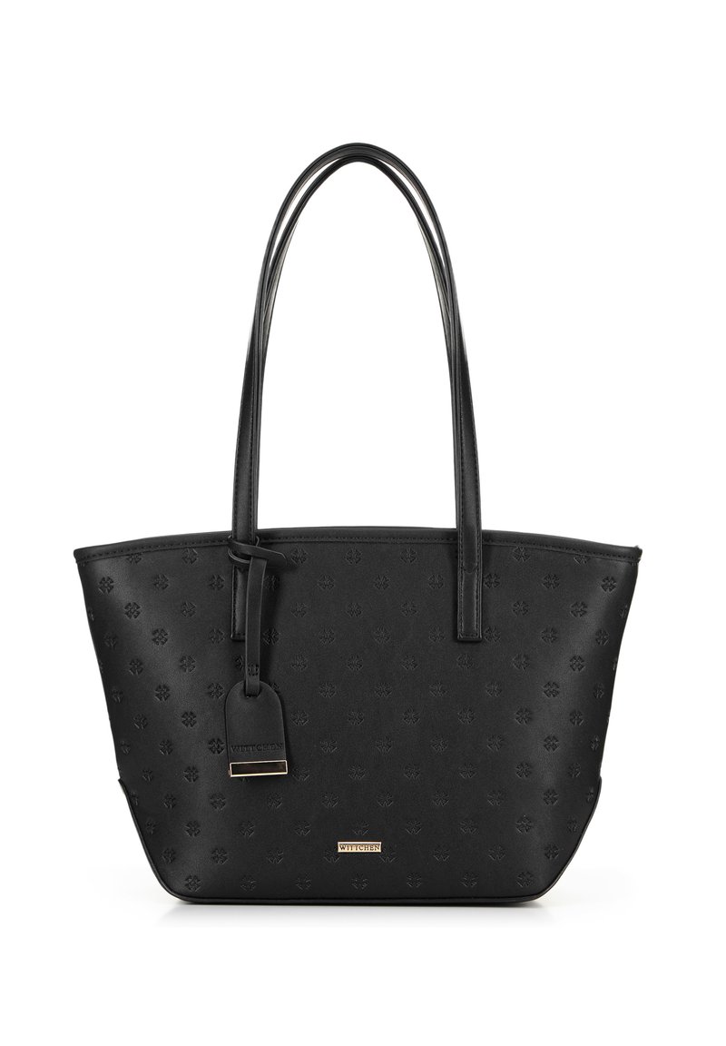 Sac fourre-tout synthétique noir avec un motif floral en relief, double anses et une plaque logo en métal. Comprend une étiquette détachable pour un détail supplémentaire.