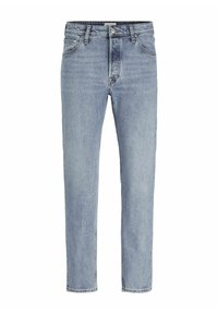 Svjetloplave ravne traperice izrađene od denima, s pet džepova, kopčanjem na gumb i patentni zatvarač, te suptilnim izbljeđivanjem za teksturu.