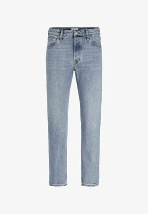 Helleblaue gerade geschnittene Jeans aus Denim, die über fünf Taschen, einen Knopf- und Reißverschluss sowie subtile Verblassungen für Textur verfügen.