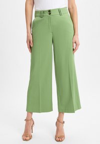 Grüne weite Hosen mit glatter Textur, ausgestattet mit zwei vorderen Knöpfen, Seitentaschen und einer taillierten Taille.