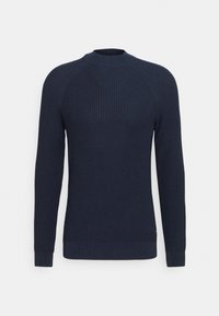 Granatowy, długi sweter z ribbowym splotem, z kołnierzem typu mock neck i dopasowanymi mankietami.