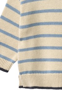 Manche et bas de pull tricoté avec une base beige et des rayures horizontales bleu clair, avec des poignets et un ourlet côtelés foncés.