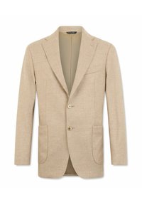 Beige dobře střižený blazer vyrobený z texturované tkaniny, s jedním knoflíkem a dvěma předními kapsami.
