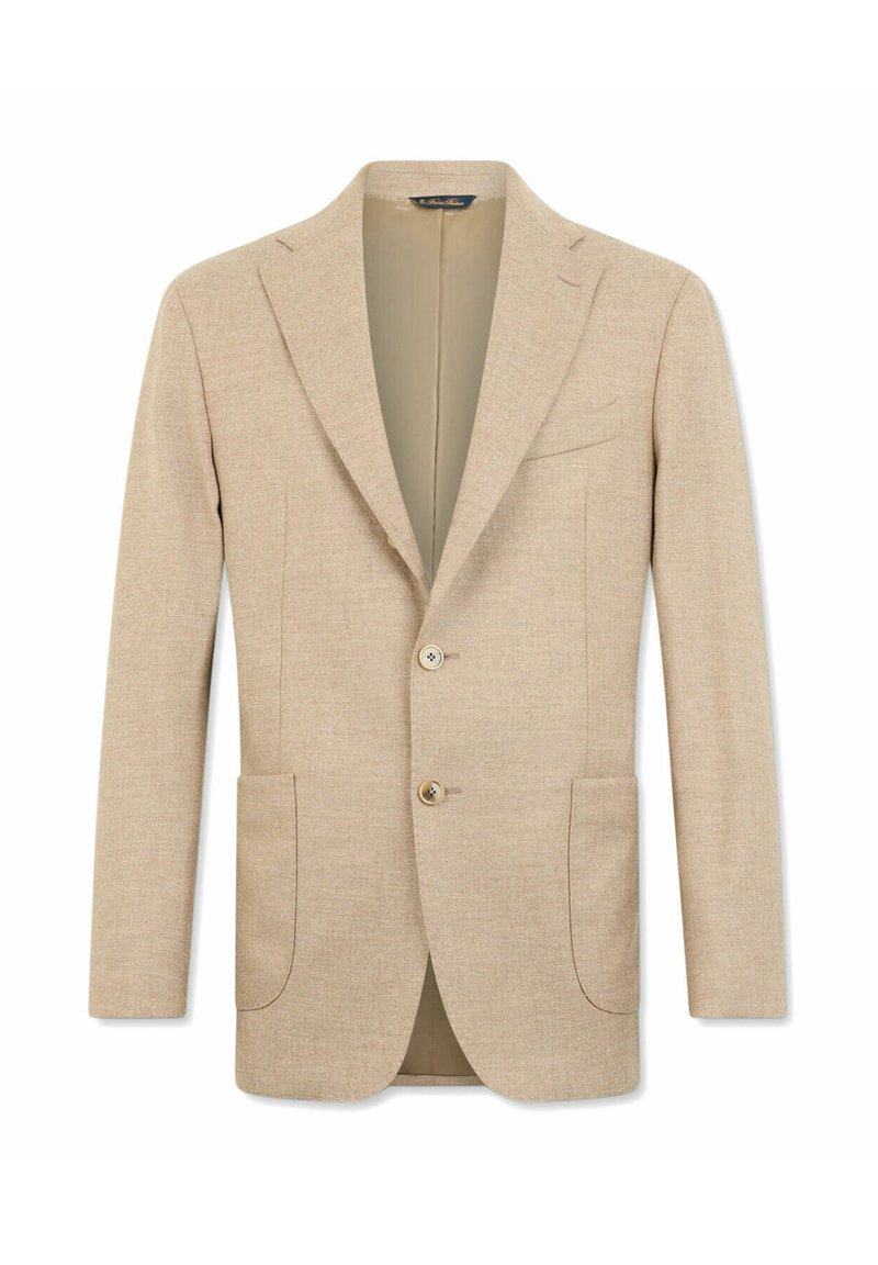Beige dobře střižený blazer vyrobený z texturované tkaniny, s jedním knoflíkem a dvěma předními kapsami.