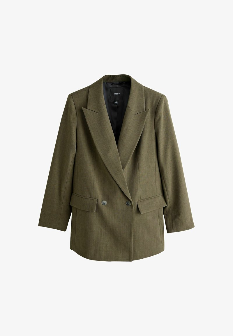 Blazer verde oliva, doppiopetto con grandi rever, due tasche frontali, tessuto strutturato e fodera nera a contrasto.