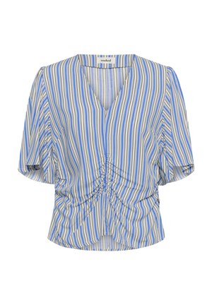 Blouse à manches courtes à rayures verticales bleu, blanc et beige avec col en V et détail froncé au centre devant.