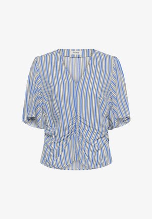 Blusa de manga corta con rayas verticales en azul, blanco y beige, con escote en V y detalle fruncido en el centro delantero.