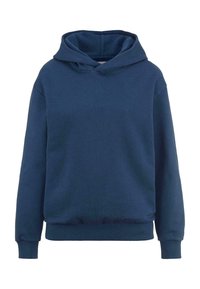Felpa blu navy realizzata in tessuto morbido con tasca a marsupio, polsini e orlo ribattuti. Presenta un cappuccio classico con coulisse e una vestibilità comoda.