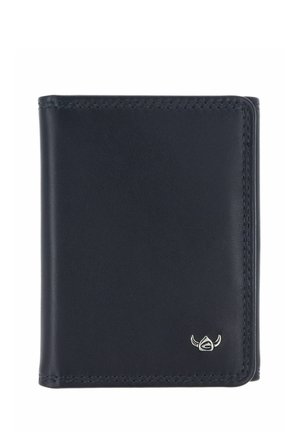 Black leather bifold wallet with a small silver emblem on the bottom right corner, featuring detailed stitching along edges.