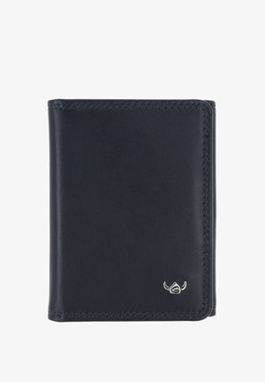 Black leather bifold wallet with a small silver emblem on the bottom right corner, featuring detailed stitching along edges.