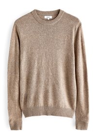 Beige gestrickter Pullover mit Rundhalsausschnitt, gerippten Bündchen und Saum, der eine weiche Textur und ein dezentes, gesprenkeltes Muster aufweist.