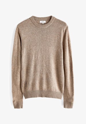 Beige gestrickter Pullover mit Rundhalsausschnitt, gerippten Bündchen und Saum, der eine weiche Textur und ein dezentes, gesprenkeltes Muster aufweist.