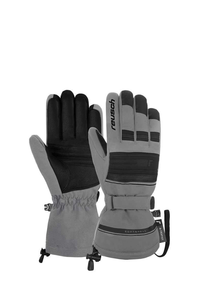 Guanti softshell grigi con palmi in pelle nera. Le caratteristiche includono polsini elasticizzati, una cinghia e accenti testurizzati per una presa migliore.