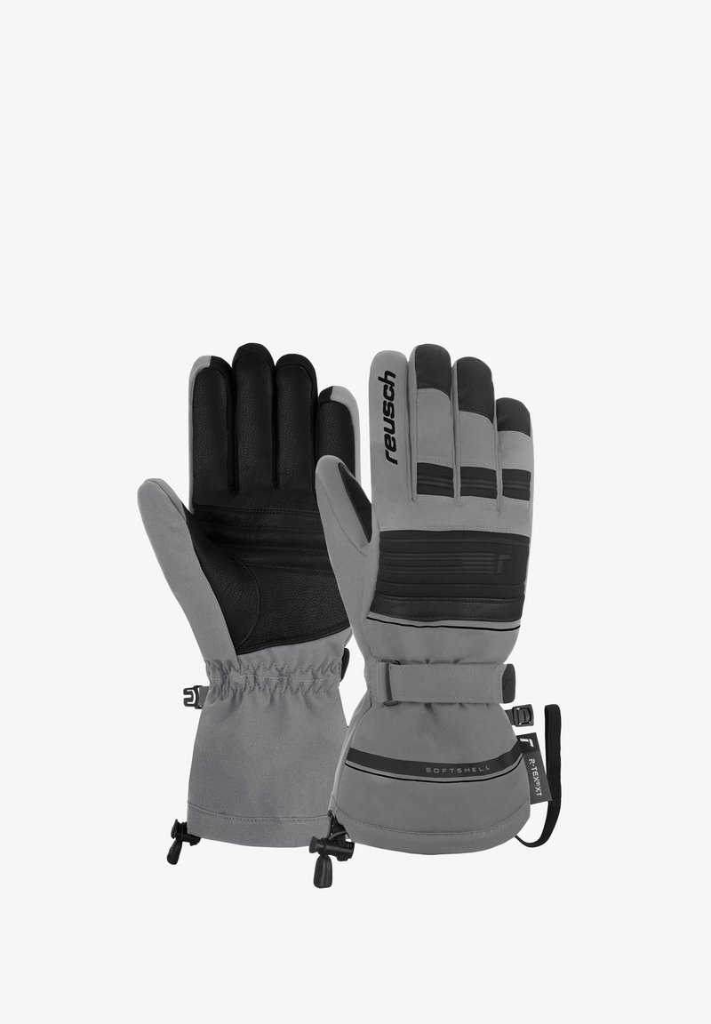 Grijze softshell handschoenen met zwarte leren handpalmen. Kenmerken zijn onder andere elastische manchetten, een riem en getextureerde accenten voor grip.