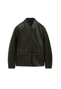 Black leather jacket with a zip closure, point collar, and two front pockets. Features contrasting stitching and a smooth texture.