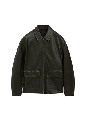 Black leather jacket with a zip closure, point collar, and two front pockets. Features contrasting stitching and a smooth texture.