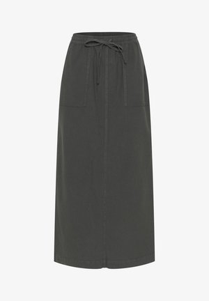 Gray cotton midi skirt with a drawstring waistband, two front pockets, and a straight silhouette. Features subtle stitching detail.