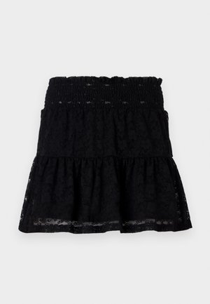 Black lace skirt with a smocked waistband. Features a flared, tiered design and sheer texture, creating a layered appearance.