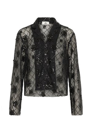 Zwarte gaasblouse met bloemapplicaties en pailletten, voorzien van een kraag en knoopsluiting, cropped ontwerp en lange mouwen.