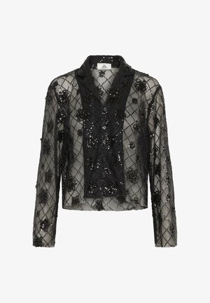 Blouse en maille noire avec appliqués floraux et sequins, col montant et fermeture à bouton, design court et manches longues.